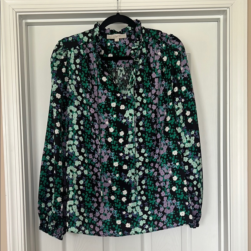 EUC Loft Floral Print Blouse - Black, Green, Purple